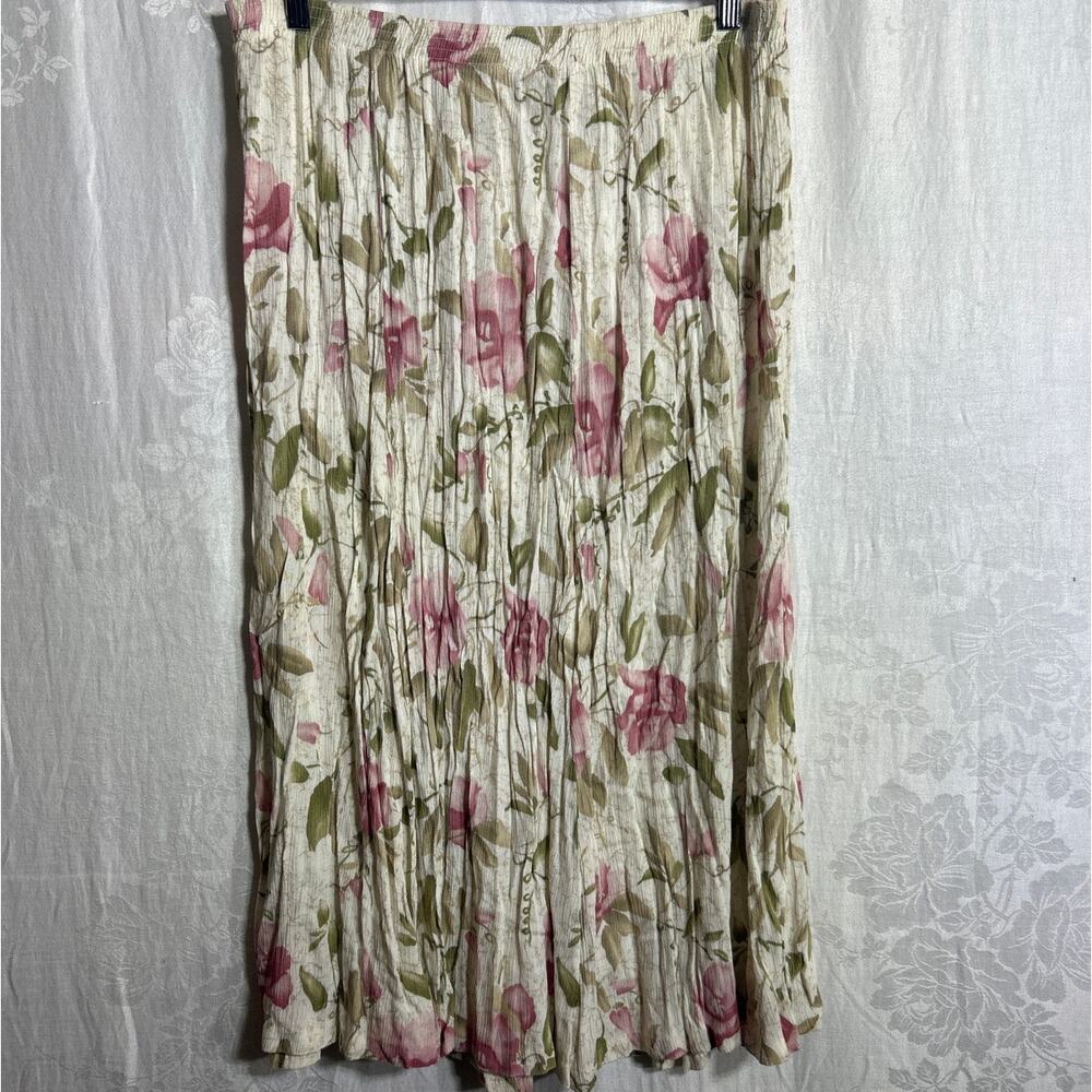 Vintage 90s Maxi Skirt 16W Floral Crinkle Broomstick Cream Pink CottageCore Rose